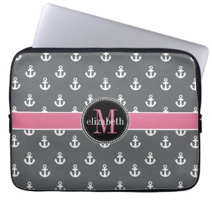 Dk Grey White Pink Ship Anchors Monogram Laptop Sleeve
