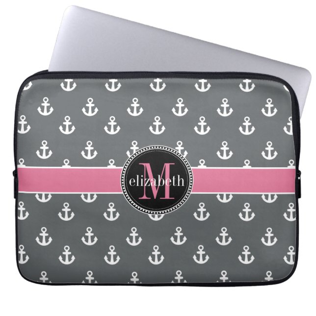 Dk Grey White Pink Ship Anchors Monogram Laptop Sleeve (Front)
