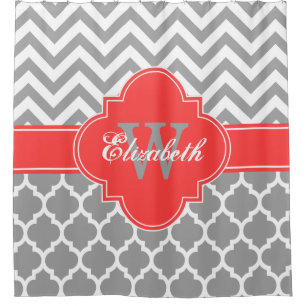 Dk Grey Wht Coral Red Moroccan #5 Chevron 1IQRN Shower Curtain