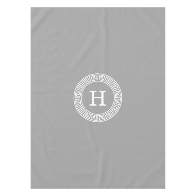 Dk Grey Wht Greek Key Rnd Frame Initial Monogram Tablecloth (Front)