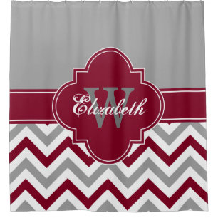 Dk Grey Wt Burgundy LG Chevron 1ICBR Name Monogram Shower Curtain