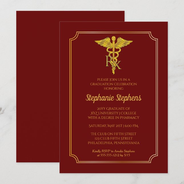 Dk Red | Gold Rx Pharmacy Graduation Party Invitation (Front/Back)