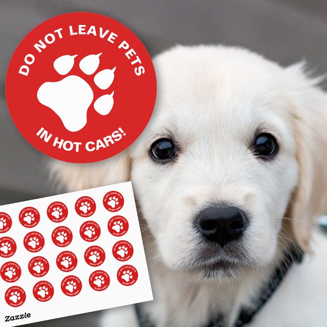 Do Not Leave Pets In Hot Cars With White Paw Classic Round Sticker (Red & white color sticker design for spreading the awareness of never leaving pets inside hot cars.)