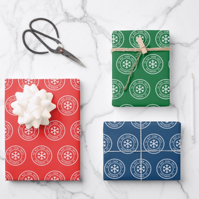 Do Not Open Until December 25 Red, Green and Blue  Wrapping Paper Sheet (Front)
