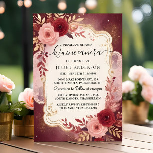 Do Silver Plum Lace Gown Boho Burgundy Quinceanera Invitation