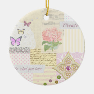 Do what you love - Girly Pink & Cream collage Ceramic Tree Decoration