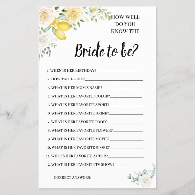 Do you know the Bride Lemon&Roses Shower Game Card (Front)