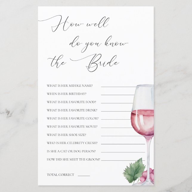 Do You Know The Bride Vino before Vows Bridal Game (Front)