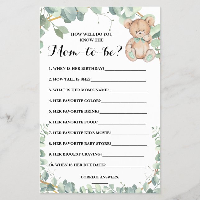 Do you know the Mom Shower Bear Greenery Game Card (Front)