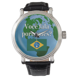 Do you speak Portuguese? in Portuguese. Flag globe Watch