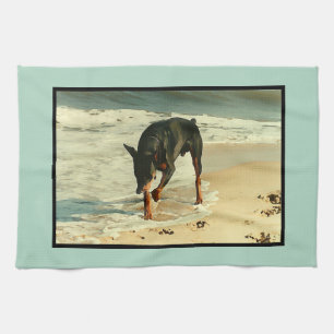 Doberman at the Beach Painting Image Tea Towel
