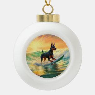 Doberman Beach Surfing Painting Ceramic Ball Christmas Ornament