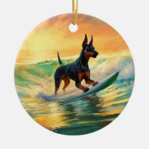 Doberman Beach Surfing Painting Ceramic Ornament