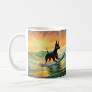 Doberman Beach Surfing Painting Coffee Mug