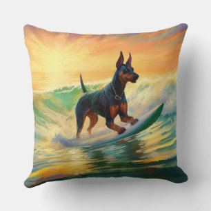 Doberman Beach Surfing Painting Cushion