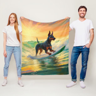 Doberman Beach Surfing Painting Fleece Blanket