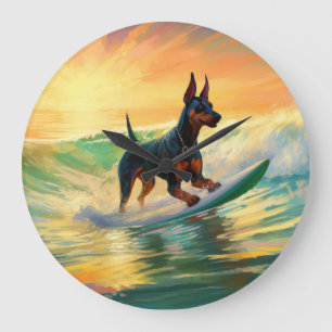 Doberman Beach Surfing Painting Large Clock