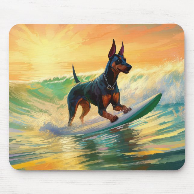 Doberman Beach Surfing Painting Mouse Pad (Front)
