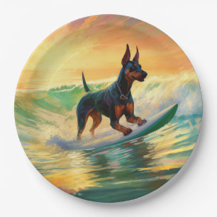 Doberman Beach Surfing Painting Paper Plate