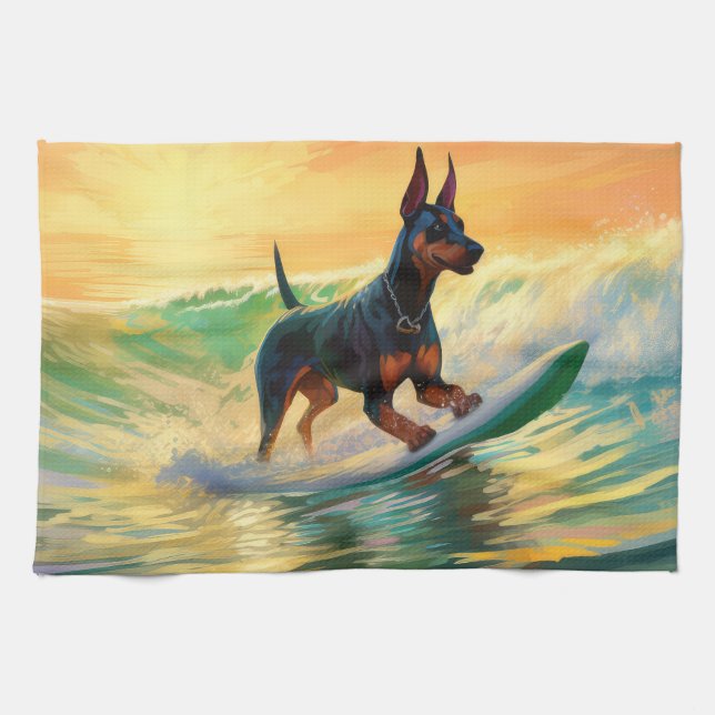 Doberman Beach Surfing Painting Tea Towel (Horizontal)