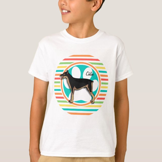 Doberman; Bright Rainbow Stripes T-Shirt (Front)