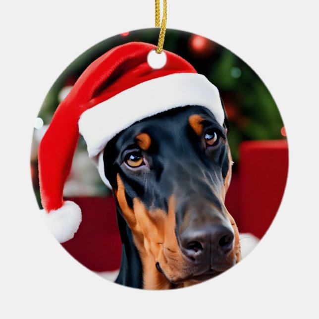 Doberman Christmas Ceramic Ornament (Front)