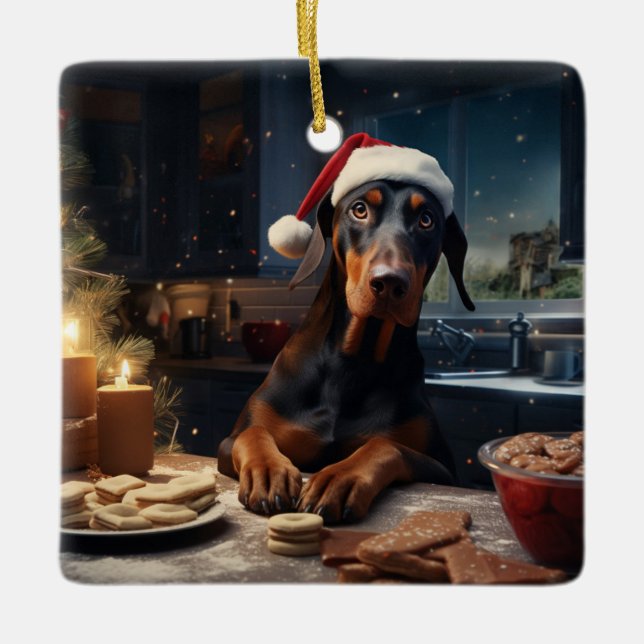 Doberman Christmas Cookies Festive Holiday Ceramic Ornament (Front)