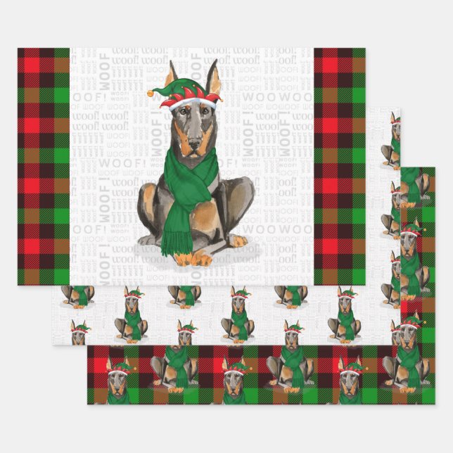 Doberman Christmas Dog and Red Holiday Plaid Wrapping Paper Sheet (Set)