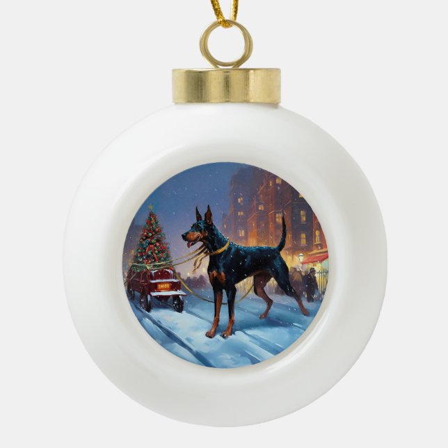 Doberman Christmas Festive Season Ceramic Ball Christmas Ornament (Front)