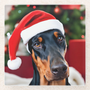 Doberman Christmas Glass Coaster