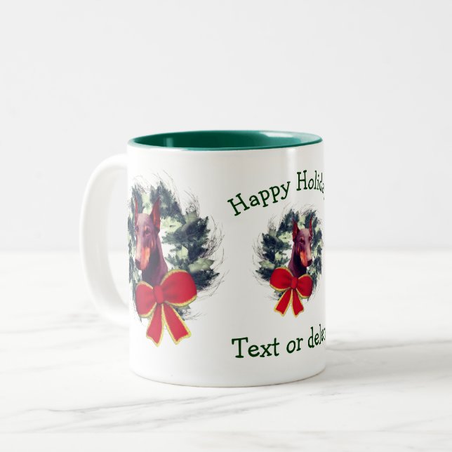 Doberman Christmas Holiday Personalised Two-Tone Coffee Mug (Front Left)