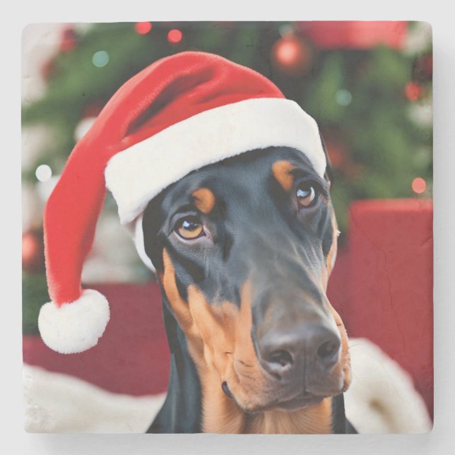 Doberman Christmas Stone Coaster (Front)