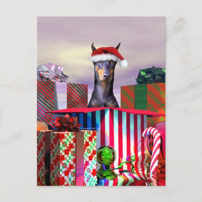 Doberman Christmas Surprise Holiday Postcard (Front)