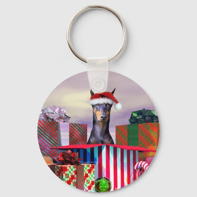 Doberman Christmas Surprise Key Ring (Front)
