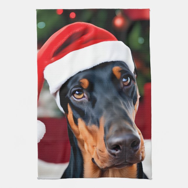Doberman Christmas Tea Towel (Vertical)