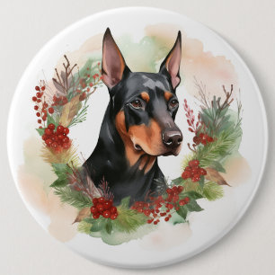Doberman Christmas Wreath Festive Pup 6 Cm Round Badge