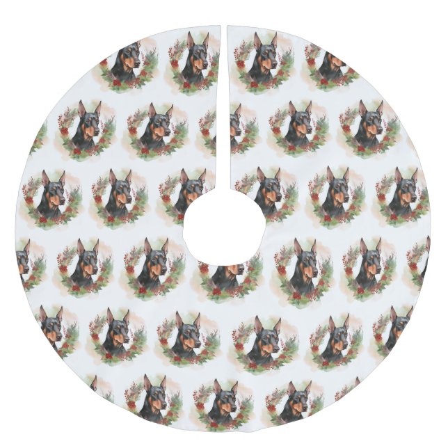 Doberman Christmas Wreath Festive Pup Brushed Polyester Tree Skirt (Front)