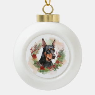Doberman Christmas Wreath Festive Pup Ceramic Ball Christmas Ornament