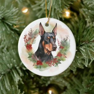 Doberman Christmas Wreath Festive Pup Ceramic Ornament