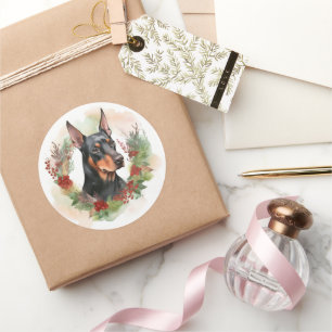 Doberman Christmas Wreath Festive Pup Classic Round Sticker