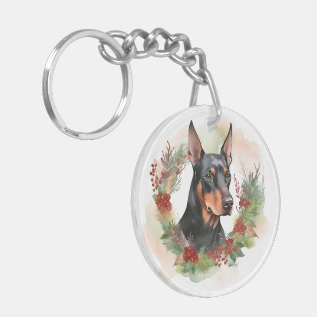 Doberman Christmas Wreath Festive Pup Key Ring (Front Left)