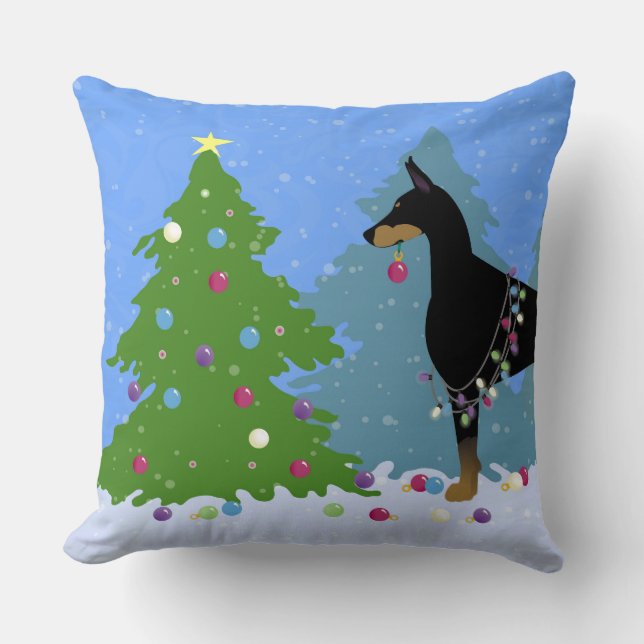 Doberman Decorating Tree in the Forest Cushion (Front)