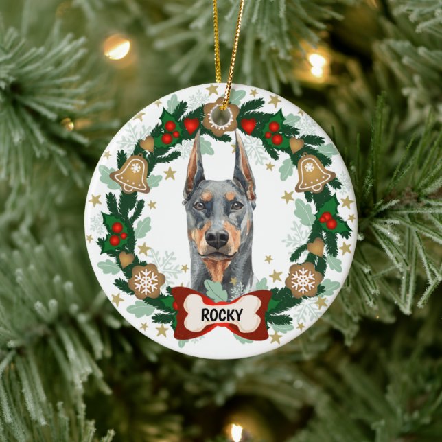 Doberman Dog Christmas Cute Dog Cookie Wreath Ceramic Ornament (Tree)