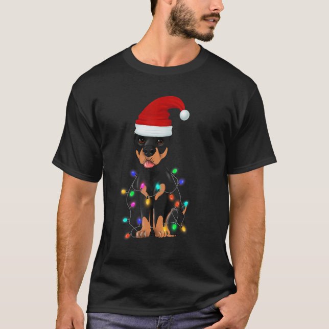 Doberman Dog   Christmas Tree Lights T-Shirt (Front)