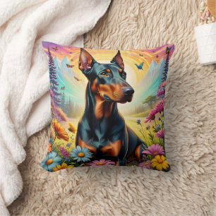 Doberman Dog, Flowers And Mountain Scene Cushion