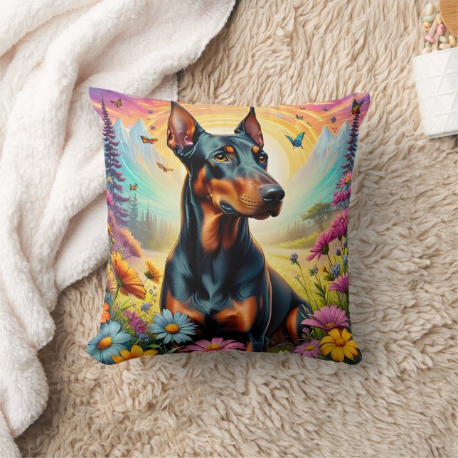 Doberman Dog, Flowers And Mountain Scene Cushion (Blanket)
