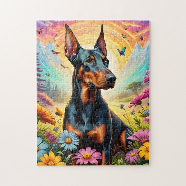 Doberman Dog, Flowers And Mountain Scene Jigsaw Puzzle (Vertical)
