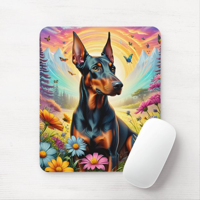 Doberman Dog, Flowers And Mountain Scene Mouse Pad (With Mouse)