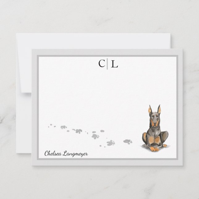 Doberman Dog Grey Border Monogram & Your Name Card (Front)