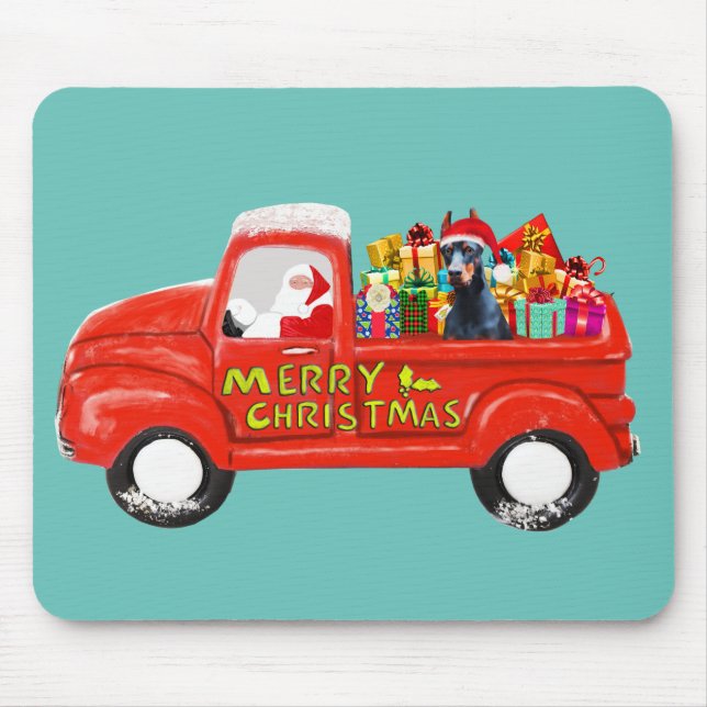 Doberman Dog in Christmas Delivery Truck Mouse Pad (Front)
